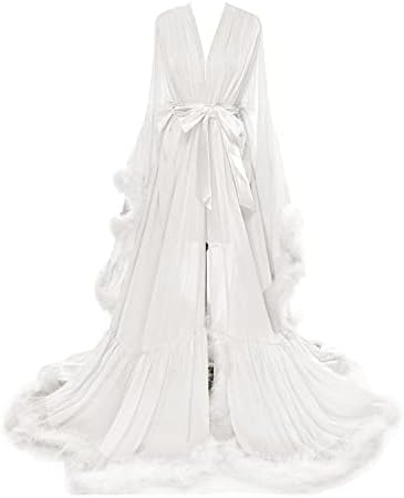 Molisa Womens Sexy Feather Bridal Robe Long Wedding Scarf Illusion Bathrobe Sleepwear Lingerie Robe Nightgown