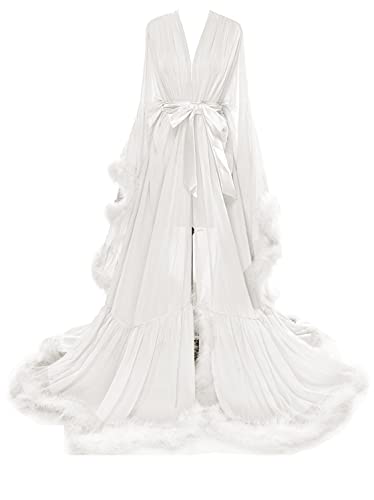 Molisa Womens Sexy Feather Bridal Robe Long Wedding Scarf Illusion Bathrobe Sleepwear Lingerie Robe Nightgown