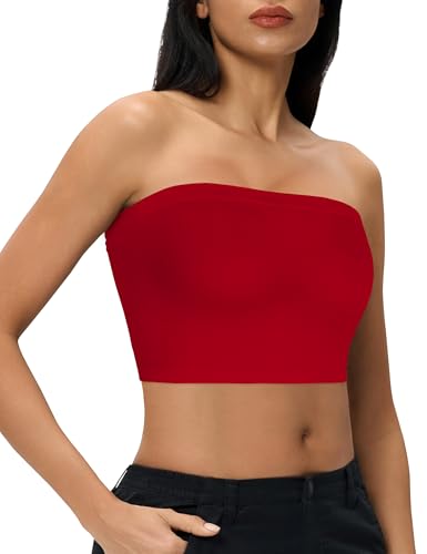 Tube Tops for Women Summer Crop Top Basic Casual Bandeau Going Out Strapless Short Shirt(Red S)