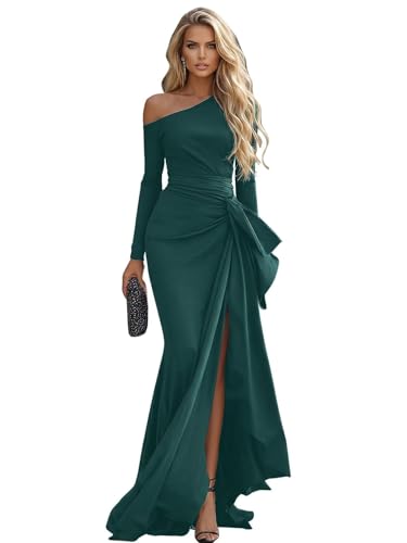 RYANTH Plus Size Emerald Green Satin Long Sleeve Prom Dress for Women 2026 Long Mermaid Formal Gown Pleated Bodycon Cocktail Dress with Slit 18W