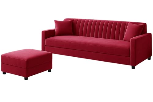 Image of 3 Seater Wooden Sofa Set with Ottoman, Soft Velvet Upholstery, Modern Space Saving Couch for Living Room, Office and Guest Room - Red