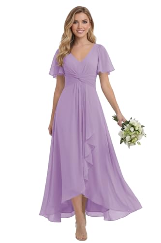SEPT PRETTY Dusty Purple Chiffon High Low Bridesmaid Dress Short Sleeve A Line Formal Evening Gown for Wedding Guest Size 10