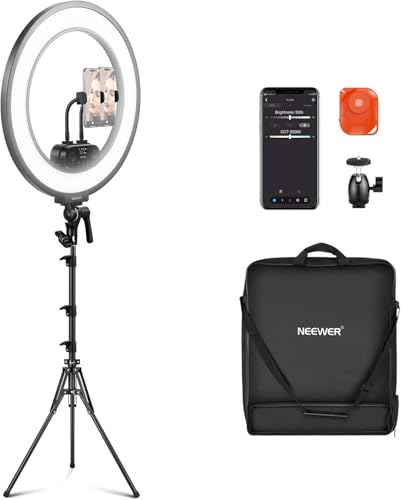 NEEWER 18" Ringlicht Set mit Randbeleuchtung, 45W 3300Lux 2900K-7000K 12 Szenen Ringleuchte mit APP 2,4G PC Mac Steuerung, Fernbedienung, Stativtasche für Make up, TikTok, Ins, Live Stream, RL45B