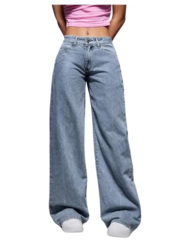 OYOANGLE Women's Zipper Fly Wide Leg Jeans Y2k Baggy Casual Denim Pants with Pockets