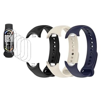 Kit 3 Pulseiras extras compatíveis com xiaomi mi band 5 / mi band 6 / mi band 7 / mi band 8 / mi band 9 + 2x Película Protetora Gel para relogio xiaomi (Mi band 8/9 Preto,Starligth,Azul +2x peliculas)