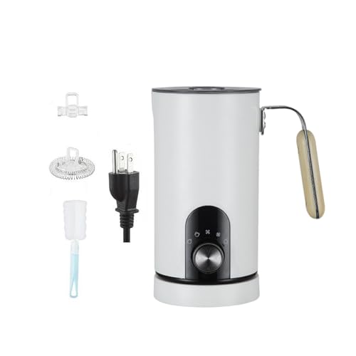 Fonowx ミルクフォーマー 電動泡立て機 自動加熱冷却 飲料ミキサーパワフルモーターステンレス製 木製ハンドル コンパクト設計 家庭用カフェコーナーに適用, 白