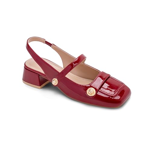 Image of Slingback Mary Jane Heels for Women Low Block Heel Closed Square Toe Pump Shoes Heels Classic Daily Office Dressy Shoes
