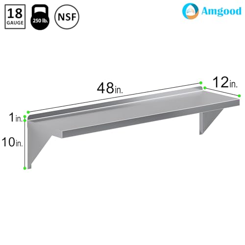 Image of AmGood 12 inch x 48 inch Stainless Steel Wall Shelf | Appliance & Equipment Metal Shelving | Kitchen, Restaurant, Garage, Laundry, Utility Room | Heavy Duty | Squared Edge | NSF Certified