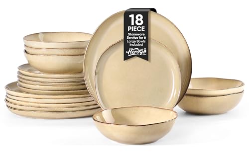Herogo Stoneware Dinnerware Sets for 6, 18pcs Irregular Handmade Dinner Dish Set, Plates and Bowls Dishware for Kitchen Dining, Microwave & Dishwasher Safe, Cream Khaki