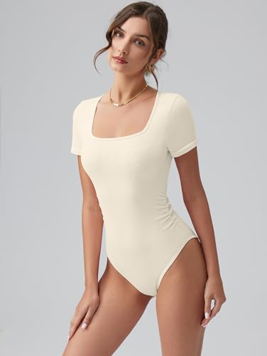 Image of OQQ Women Bodysuits Ruched Short Sleeve Square Neck Stretch Lounge Travel Bodysuits