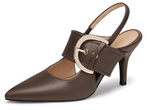 Image of Coutgo Womens Slingback Pumps Closed Pointed Toe High Heels Belt Buckle Strap Dressy Work Shoes