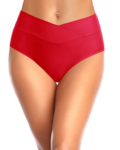 Image of Women V Cut Full Coverage Bikini Bottom - High Waist Swim Bathing Suit Bottoms Cross V Front Swimsuit