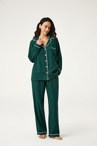 Image of BESTOUCH Womens Pajama Sets: 100% Cotton Muslin Linen Feel | Button Soft Comfy Breathable Classic Sleep Pjs 2 Piece