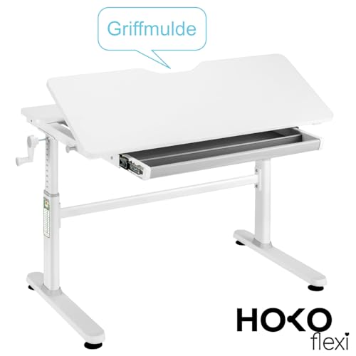 HOKO Schreibtisch Kinder, Höhenverstellbar Kinderschreibtisch 100x60cm, Kinderschreibtische Kinder ab 6 Jahren, neigbare Tischplatte mit Schubladen, Verstellbar von 54-76cm (Weiß, JANA)