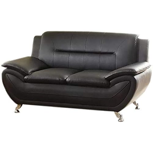 Kingway Furniture Montac Faux Leather Loveseat Sofa, Modern Couch for Living Room, Solid Wood Frame, Black