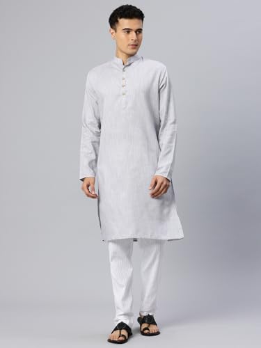 Image of Majestic Man Men's Cotton Regular Fit Traditional Mandarin Collar Ethnic Motifs Solid Long Kurta
