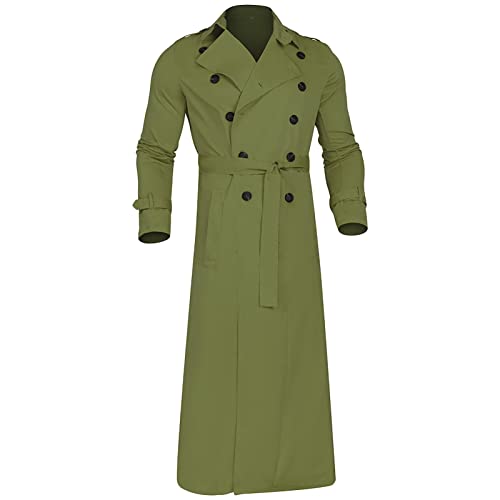 Maiyifu-GJ Mens Lapel Double Breasted Trench Coat Stylish Slim Fit Long Belted Windbreaker Casual Windproof Peacoat Overcoat (Green,X-Large)