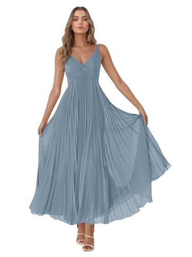 VOfuter Elegant Pleated Chiffon Bridesmaid Dresses Women's Ankle-Length Deep V-Neck Formal Dress