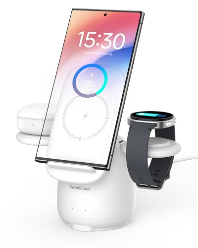Cargador Inalámbrico para Samsung S26+, Estación de Carga Inalámbrica 3 en 1 para Galaxy S25 Ultra/S24/S23/Z Flip 7/Z Fold 7, Base para Galaxy Watch 8/Ultra/7/6/5/Buds 4, SwanScout 707S (No Adapter)