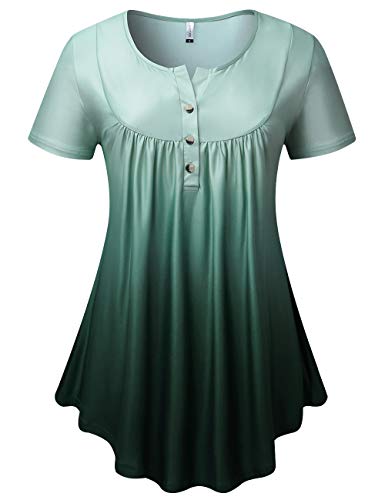 Amclos Womens Tops Summer V Neck T-Shirts Button Up Tunic Casual Flowy Soft Short Sleeve (Floral Green, M) #TOP1