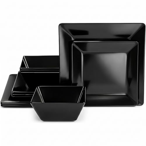 TP 12-Piece Melamine Dinnerware Sets Square Service for 4 Black