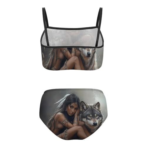 Indian Maiden and Wolf Native Am-erican Girls Bikini Swimsuit Two Piece Bathing Suit Beach Swimwear2