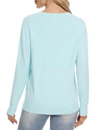 Image of Betu Women's Long Sleeve Ribbed Sweaters Cyan Crewneck Embroidered Slim Fit Knit Pullover Tops, 511 XL