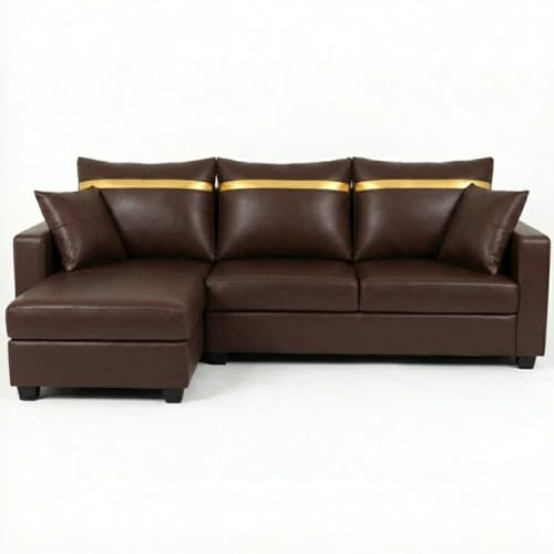 Image of FURNY Arossa 4 Seater Leatherette LHS L Shape Sofa Set (Brown) Premium Velvet Finish| Durable Comfort Ideal for Living Room