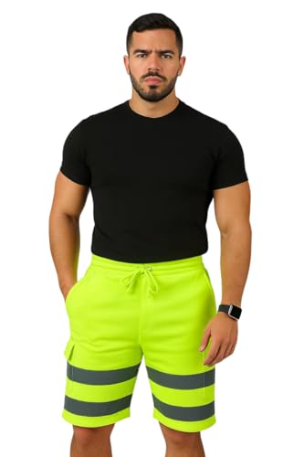 TurnHint® Mens Hi Vis Viz Reflective Tape Work Shorts, High Visibility Safety Utility Workwear Cargo Bottoms Short with Side Pockets (Yellow, M)