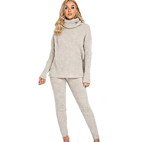 New Ladies Chunky Knitted High Roll Neck Top Bottom Loungewear 2 Piece Set Tracksuit (12-14, Stone) Cover