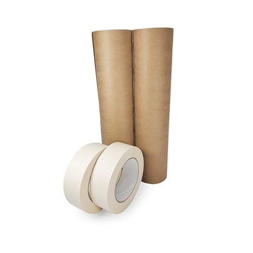 Image of IDL Packaging Masking Paper Set: 9 inch x 60 Yards Brown Masking Paper (2 Rolls) + 1.41 inch x 60 Yards White Tape (2 Rolls) - Masking Kit for Painting Projects and Home Improvements - Surface Protection