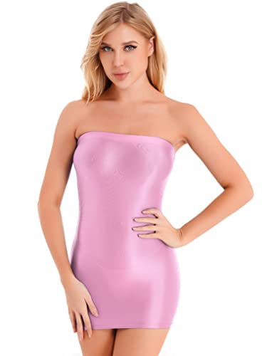 Doomiva Damen Minikleid Öl Kleider Bandeau Bleistiftkleid Bodycon Kleid Glänzende Kleider Stretch Eng Partykleid Kurz Rosa L