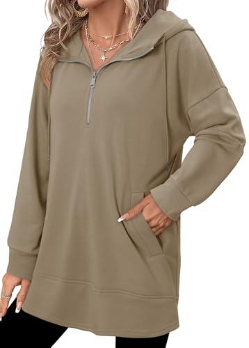 onlypuff Women Hoodie Pullover Trendy Quarter Zipper Lapel Sweatshirts Drawstring Cute Hooded Tunic Tops with Side Pockets