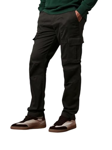 Image of Vogaan Men Solid Relaxed Fit Cotton Blend Cargo Trousers with Utility Pocket