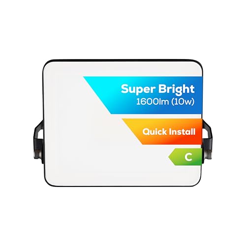 TCP 10W LED Security Floodlight, Outdoor, Bright 1600lm, Cool White 4000K, IP65 Waterproof, Easy Install Long Adjustable Bracket, Easy Push Connector Enery Class C No Plug Garage Garden