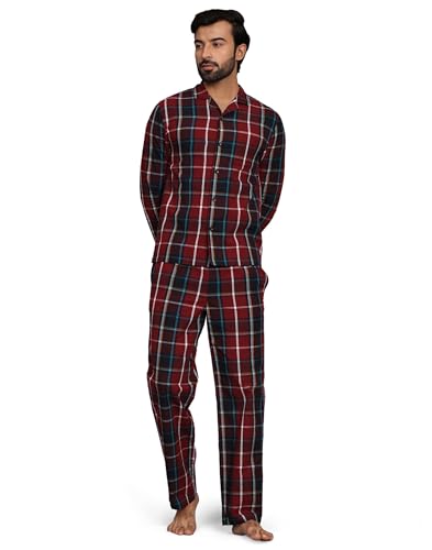Image of B STORIES Men's 100% Cotton Full Sleeve PJ Set - Checkered Nightwear Set | Soft Loungewear | Comfortable Sleepwear | Stylish Casual Home Wear Shirt & Pant (S-XXL)