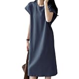 [MOWO] 【高見え×細見え】ワンピース レディース 春夏 【一枚だけOK・ゆったり体型カバー・すっきりとしたシルエット】 Tシャツワンピース カジュアル 着痩せ ドレス おしゃれ シンプル 通気性 薄手 無地 ミモレ丈 (JP, アルファベット, L, ネイビー)