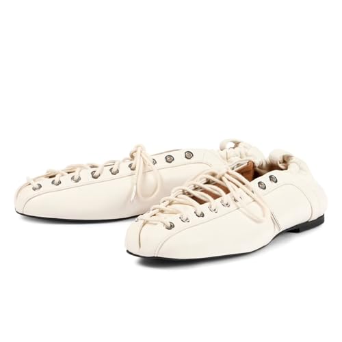 Agodor Lace-Up White Ballet Flats Leather Ballerina Flat for Women Slip on Square Round Closed Toe Comfort Business Casual Daily Dress Shoes US6.5 by Agodor - Used condition - Image 5