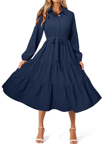BerryGo Womens Dresses Long Sleeve Wedding Guest Button Down V
