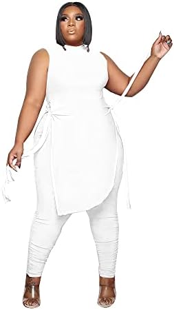 Dmoled Women Plus Size 2 Piece Outfits Jumpsuit Camouflage Print Sleeveless Slit Tunic Tops Pant Set
