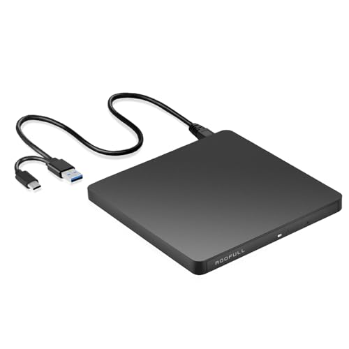 Image of ROOFULL External CD /DVD Drive USB 3.0 & USB-C, Ultra-Slim 0.5 inch High-Speed CD DVD Player Burner Reader Writer for Laptop, Windows 11 /10, Mac MacBook, Linux OS