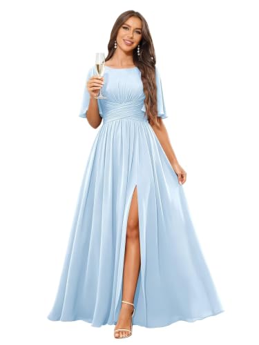 Ggfhis Elegant Bridesmaid Dress for Women Short Sleeves Chiffon Mother of the Groom Dresses for Wedding Light Blue US12