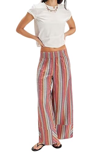 loveimgs Women Casual Boho Striped Palazzo Pants Colorful High Elastic Waist Baggy Pants Wide Leg Lounge Patchwork Pockets