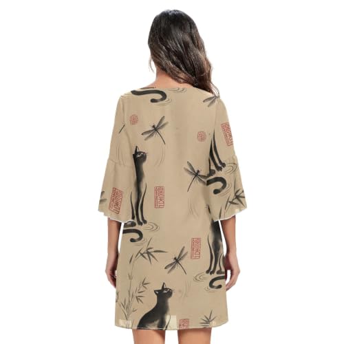 Robe d'été chat noir chic en tissu fluide avec col en V raffiné - 4