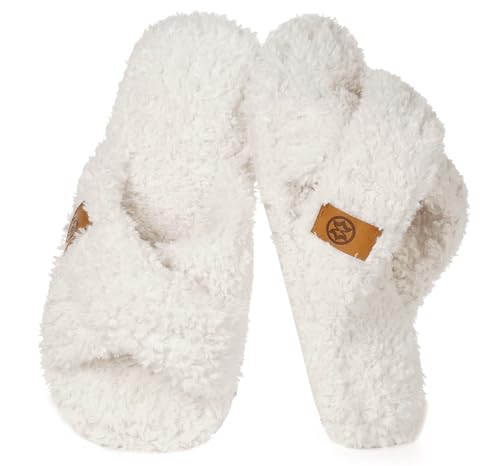 Dokela Fuzzy Open Toe Slippers for Kids Girls Boys Memory Foam Cozy Cross Band House Shoes Non-Slip Soft Lightweight Slip On Home Bedroom Slippers Indoor Outdoor