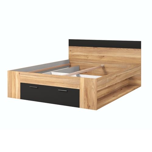 Meublorama Cama de Adulto 160x200 con cajones Integrados, somier Incluido, colección EOS, Roble Claro y Negro