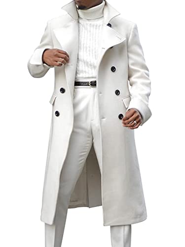Ebifin Men's Notch Lapel Double Breasted Long Trench Coat Casual Cotton Blend Peacoat #TOP1