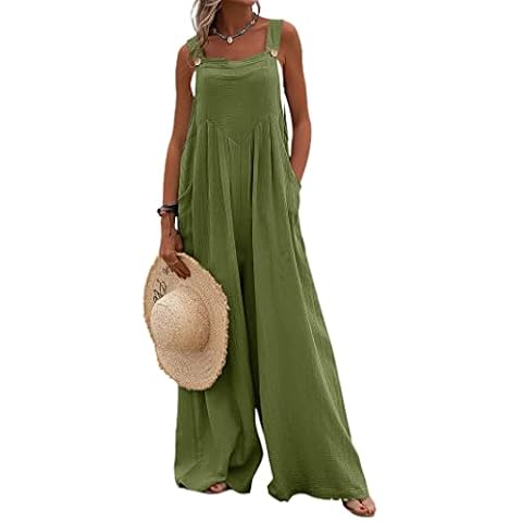 Wide Leg Overalls for Womens Boho Comfy Baggy Loose Jumpsuits Romper, Army, Medium Cover