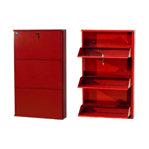 Image of Delite Kom 24 Inch Wide, 3 Shelf Metal Shoe Rack Wall Mounted for Home with Central Lock | Holds Upto 9 Shoes or 15 Slippers Pair | 1 Year Warranty | (41 x 24 x 5 Inch, Brick Red) | DIY | Space Saving