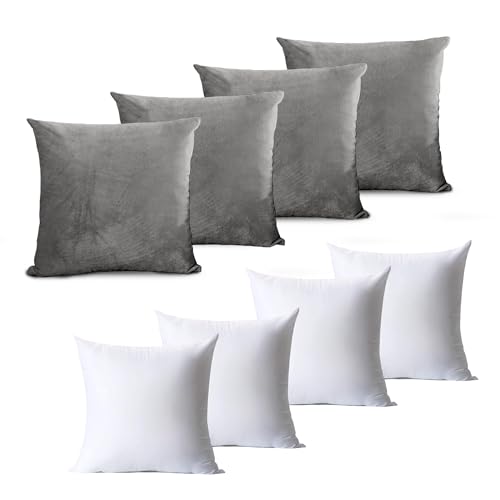 Hafaa Velvet Cushions with Covers Included Set of 8 (4 Grey Cushion Covers 45 x 45, 4 Cushion Inserts) Luxury Decorative Fluffy Square Throw Pillow Case Sofa Cushion with Invisible Zipper